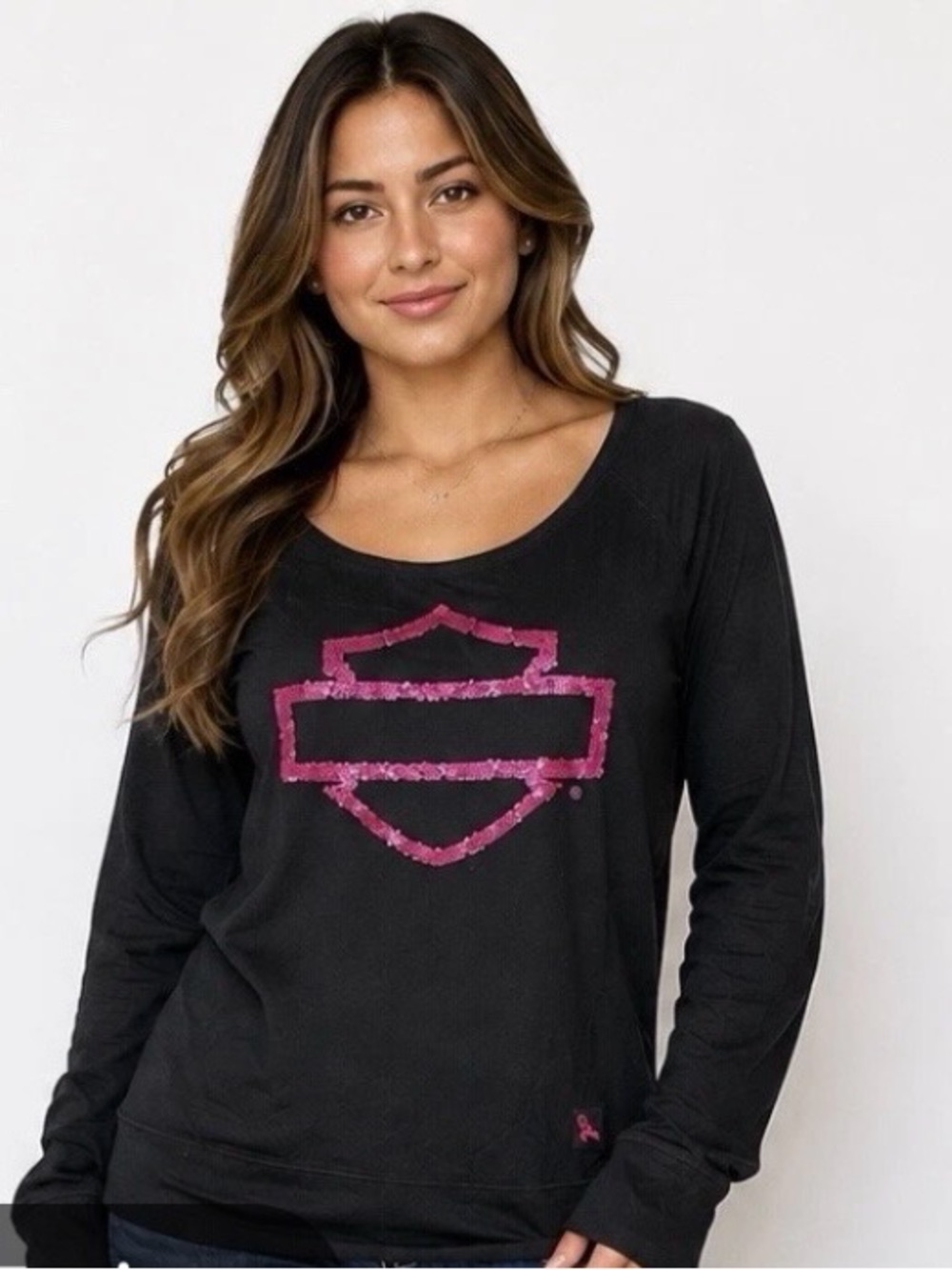 Harley-Davidson Pink Label Black Long-Sleeve Tee with Pink Shield Logo 2XL